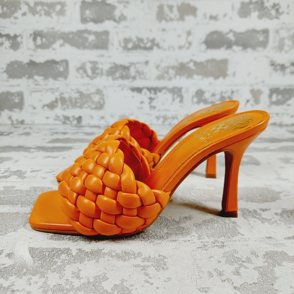 New Vince Camuto Brinela Orange Leather Woven High Heel Mule Heeled Sandal W1047